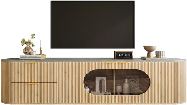 Merax TV-Schrank in Holzoptik, Schranktüren mit vertikalen 3D-Streifen, Ovaler Vitrinenschrank aus grauem Glas, Mehrzonen-Stauraum, Wohnzimmerschrank Bild 10