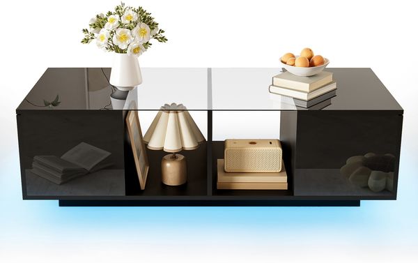 Moderner schwarzer Couchtisch mit LED-Beleuchtung, hochglänzender Tischplatte, 120 x 50 x 38,5 cm