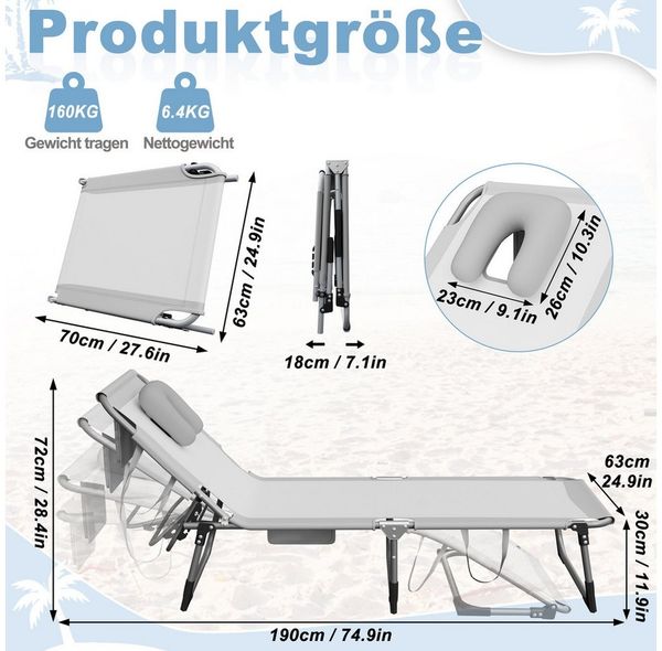 FIVMEN Gartenliege Sonnenliege Liegestuhl Garten 190x63x30cm Klappbar Liege Strandliege, Mit Kopfkissen Tragegriffe Seitentasche, fur Balkon Terrassen Strand