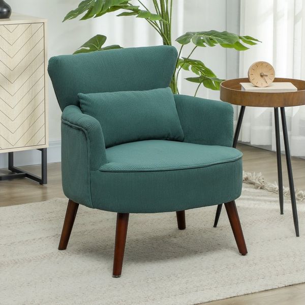 HOMCOM Sessel mit Rückenlehne, abgerundeten Armlehnen, Kordoptik, Holzbeine (Loungesessel, 1-St, Einzelsessel), für Schlafzimmer, Wohnzimmer, bis 120 kg, Dunkelgrün