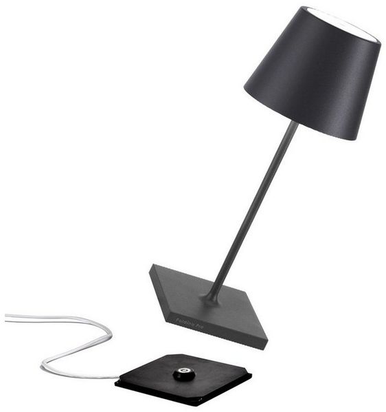 Zafferano Poldina Pro Mini - Dimmbare LED-Tischlampe aus Aluminium, Schutzart IP54, Verwendung im Innen-/Außenbereich, Kontaktladestation, H30cm, EU-Stecker (Dunkelgrau)