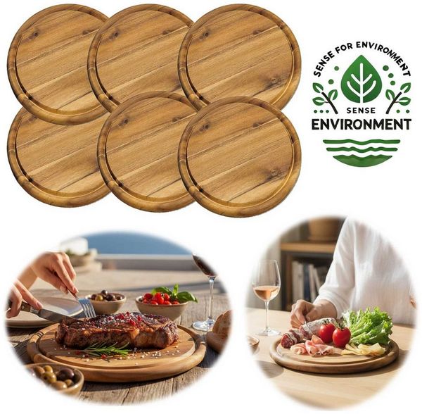 LS-LebenStil Servierbrett 6x Holz Fleischteller Servierteller 25cm Akazie Rund Schneidebrett, Holz, (Set - 6 Stück - Schneidebrett mit Saftrille Vesperbrett Brotzeitbrett, 6-St, Vesperbrett Servierteller Pizzateller Käsebrett Holzbrett)