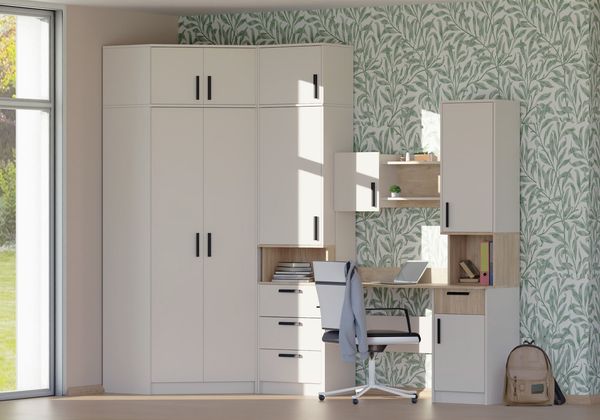 Marmex Möbel Grant Set-26C Hohe Möbelset mit Eckschrank, Schrank mit Aufsatz und Schreibtisch, Jugendzimmer Set mit Eckschrank, laminierte Spanplatte, graubeige cashmere+cremona torro, 268/91x235x52,5cm