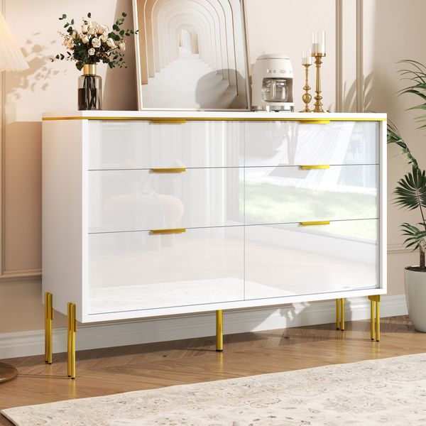 Sideboard, Spanplatte mit 6 Schubladen, Hochglanz-Fronten, 120x40x85,5 cm, Weiß