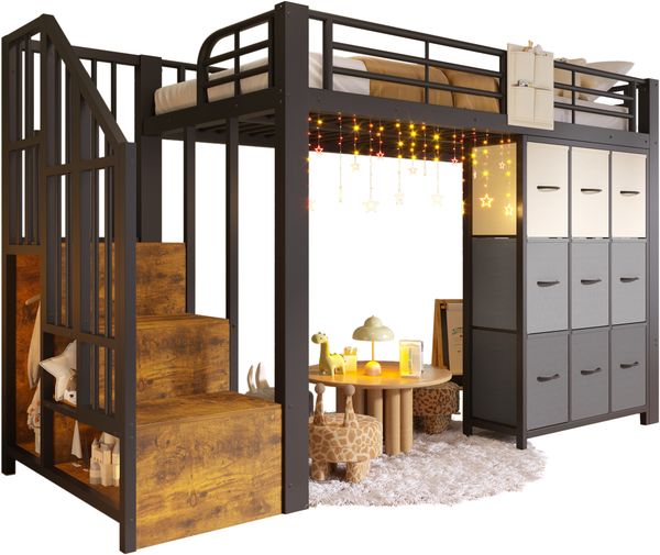 Hochbett, 90×200 cm, Metall, mit Schubladen, Kleiderstange, Geländer, Treppe mit Stauraum, ohne Matratze,Schwarz Bild 8