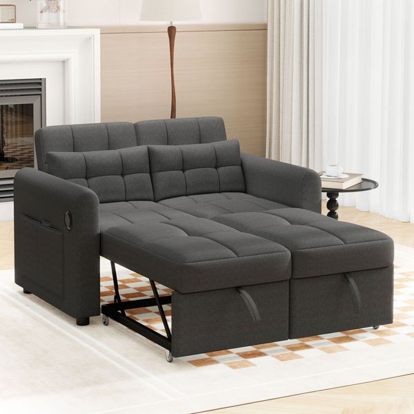 Schlafsofa 142 x 85 x 83 cm – 3-in-1 Sofa mit verstellbarer Rückenlehne, USB und Seitentaschen in Grau