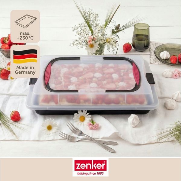 Zenker Special To Go Blechkuchen-Container mit Softgriffen, Kuchen Backblech, Backform, Kuchenform, PP / Antihaft Classic, Transparent / Schwarz, L 42 cm, 7903