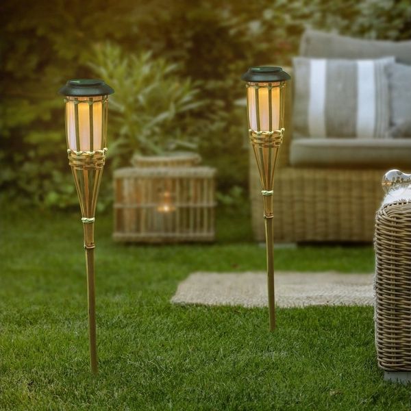 GartenHero LED Gartenfackel LED Solar Gartenfackel Bambus Gartenleuchte Solarfackel Fackel, LED fest integriert, warmweiß