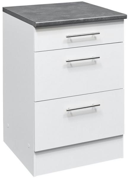 Eddy Moderner Schubladenschrank Küche in Weiß matt, Metallic Grau - Geräumiger Küchenunterschrank mit viel Stauraum - 60 x 90 x 60 cm (B/H/T)