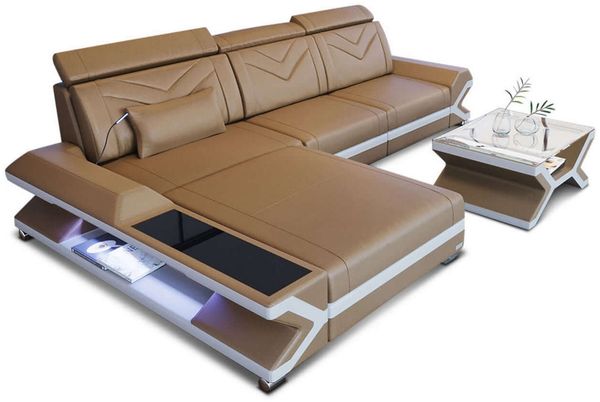 Mini Ecksofa Napoli L Form aus Leder - Büffelleder - sandbeige-weiß - Links