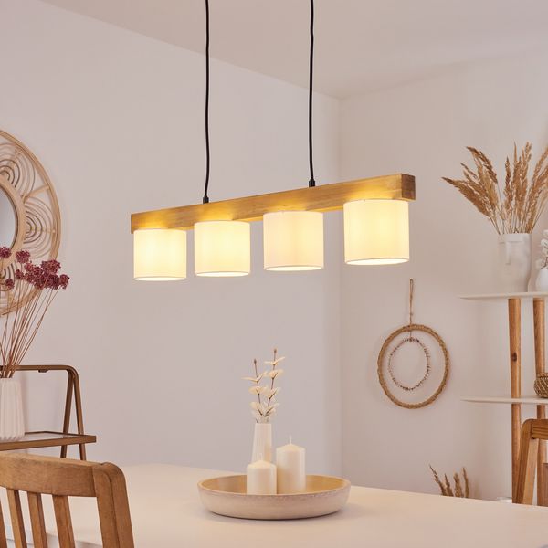 hofstein Pendelleuchte »Maslianico« 4-flammige Hängelampe aus Metall/Holz/Stoff in Weiß/Natur, ohne Leuchtmittel, Hängeleuchte m. Holzbalken und Stoff-Schirmen, Höhe max. 135cm, 4xE14