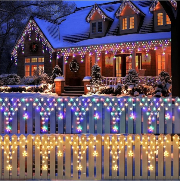 PRIISF LED-Lichtervorhang 4M Eisregen Lichterkette Weihnachtsbeleuchtung Xmas Deko Gartenleuchte, 200-flammig, Sternenvorhang Swing Balkon Bogen Sterne Xmas Lichterkette Strom 8Modi