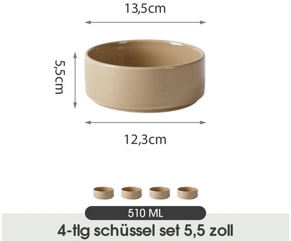 JIWOO Salatschüssel 4er Ø13,5cm, Müslischüssel Suppenschüssel Dessertschale Obstschale, Keramik, (Schüsselset, 4-tlg), Bowl Hochwertige Schüsseln Braun Schüssel Mikrowellenofen Spülmaschine