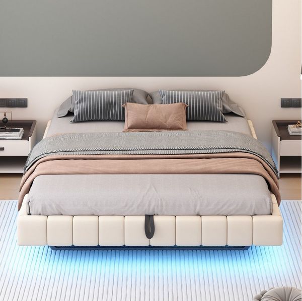 Merax Polsterbett schwebendes Design mit LED-Lichtleiste (1-tlg, Hydraulisches Stauraumbett Mehrzweckbett), Doppelbett 180x200cm mit hydraulischem Stauraum, ohne Kopfteil, Leinen