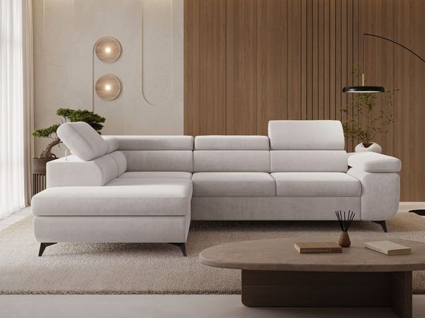 GRAINGOLD Ecksofa mit Bettfunktion, Bettkasten, Einstellbaren Kopfstützen, Velvet-Stoff, Grau, Links