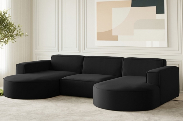 Wohnlandschaft U-Form Sofa PALMA in Stoff Opera Velvet Schwarz