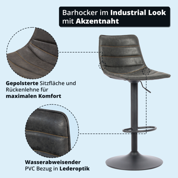 KHG Barhocker 4er Set 360° drehbar höhenverstellbar (61-82cm) Kunstleder Schwarz gesteppt Industrial Look | Drehstuhl Barstuhl mit Rückenlehne Fußstütze 110kg belastbar Bild 2