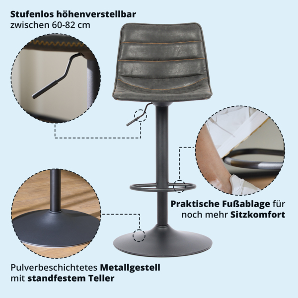 KHG Barhocker 4er Set 360° drehbar höhenverstellbar (61-82cm) Kunstleder Schwarz gesteppt Industrial Look | Drehstuhl Barstuhl mit Rückenlehne Fußstütze 110kg belastbar Bild 4