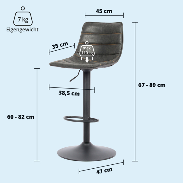 KHG Barhocker 4er Set 360° drehbar höhenverstellbar (61-82cm) Kunstleder Schwarz gesteppt Industrial Look | Drehstuhl Barstuhl mit Rückenlehne Fußstütze 110kg belastbar Bild 7