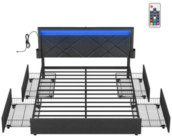 VASAGLE Doppelbettgestell, Bettgestell, 160 x 200 cm, LED, Metallbett, 4 Schubladen, Ladestation, verstellbares gepolstertes Kopfteil, Schiefergrau-mattschwarz Bild 4
