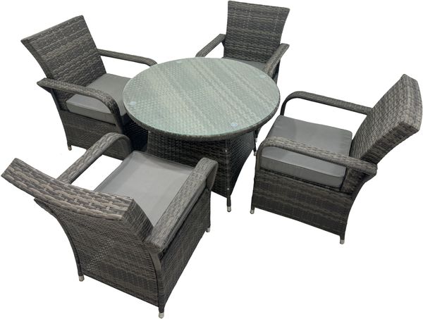 Fimous 4-Sitzer Rattan Gartenmöbel Set Polyrattan Esstisch und Stühle Sets Outdoor Lounge Sitzgruppe mit Glas für Rasen;Terrasse;Dunkelgrau Gemischt（4 Stühle + Mittlerer Runder Tisch）