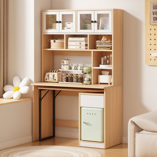 Schreibtisch mit Hochschrank, drehbarer Tisch & Stauraum, MDF, 110×55×180, Weiß/Natur