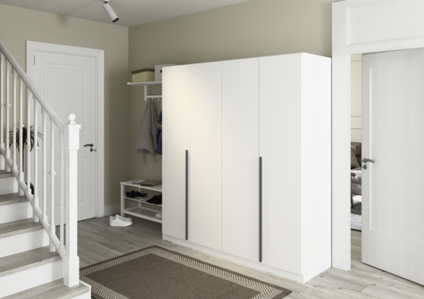 rauch Kleiderschrank Alba, Drehtürenschrank, Garderobenschrank, 4-türig, mit 3 Kleiderstangen, 4 Einlegeböden und Schubladeneinsatz, Farbe Weiß, Griffstange Grau metallic, Schwarz, 181x197x54cm