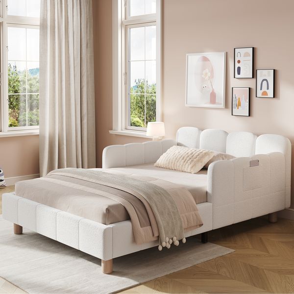 Merax Polsterbett, Einzelbett, Kinderbett 90 x 200cm, Bett mit und gepolstertes Kopfteil und Rausfallschutz, Bettbeine aus Massivholz, bouclé, beige