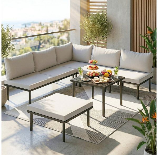 Outsunny Sitzgruppe mit 2 Sitzer Gartensofa, 2 Stühle, Eckstuhl, Lamell-Tisch, Fußhocker, (Gartenlounge Set, 6-tlg, Lounge Gartenmöbel Set), Hellgrau