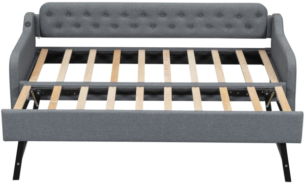 Schlafsofa mit Bettfunktion, Gästebett und USB Anschlüssen, 90x200cm/180x200cm, Liegefläche erweiterbar, Polsterbett, Jugendbett, Leinen Bild 6