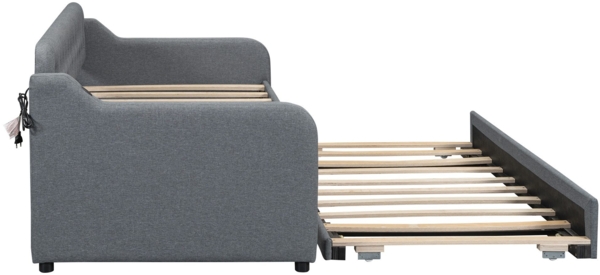 Schlafsofa mit Bettfunktion, Gästebett und USB Anschlüssen, 90x200cm/180x200cm, Liegefläche erweiterbar, Polsterbett, Jugendbett, Leinen Bild 8