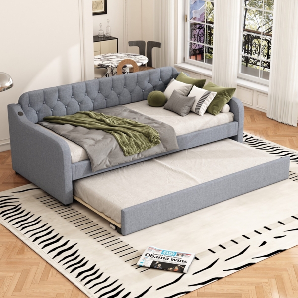 Schlafsofa mit Bettfunktion, Gästebett und USB Anschlüssen, 90x200cm/180x200cm, Liegefläche erweiterbar, Polsterbett, Jugendbett, Leinen Bild 2