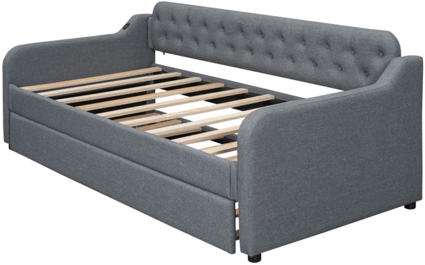 Schlafsofa mit Bettfunktion, Gästebett und USB Anschlüssen, 90x200cm/180x200cm, Liegefläche erweiterbar, Polsterbett, Jugendbett, Leinen Bild 9