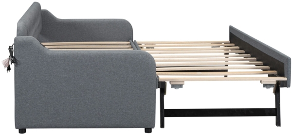 Schlafsofa mit Bettfunktion, Gästebett und USB Anschlüssen, 90x200cm/180x200cm, Liegefläche erweiterbar, Polsterbett, Jugendbett, Leinen Bild 7