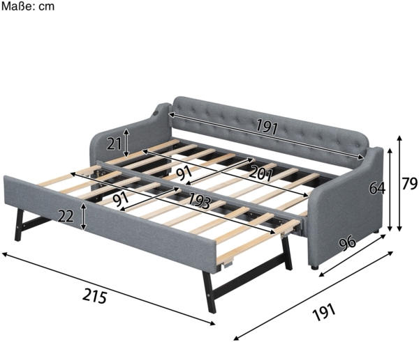 Schlafsofa mit Bettfunktion, Gästebett und USB Anschlüssen, 90x200cm/180x200cm, Liegefläche erweiterbar, Polsterbett, Jugendbett, Leinen Bild 5