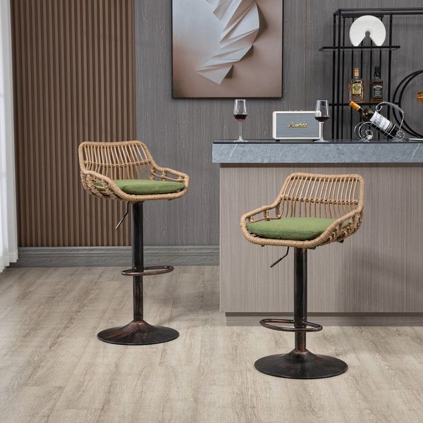 Celya Barhocker (2st),Barstühle 360°Drehbar Küchenstühle Sitzhöhe 65cm-85cm, Rattan Stuhl mit Fußstütze für Küche, Esszimmer,Grün