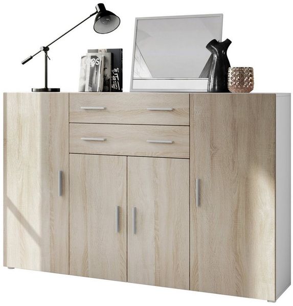Highboard Aron Anrichte mit 2 Schubladen und 4 Türen mit insgesamt 8 Fächer dahinter, Weiß matt/Eiche sägerau (166,5 x 106,5 x 35 cm)