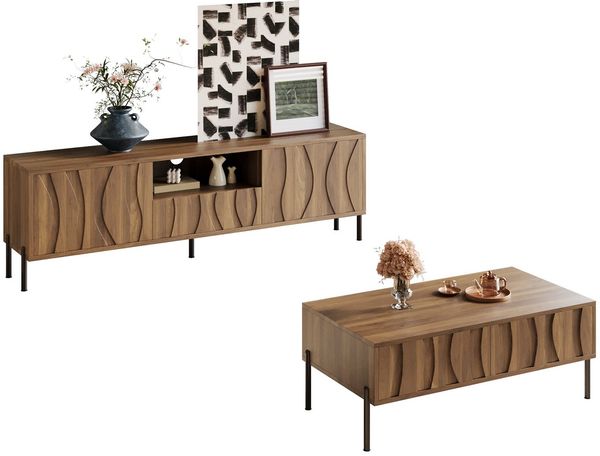SeedWave Wohnzimmer-Set TV-Schrank & Couchtisch Set, Modernes Wohnzimmermöbel mit Kurve-Muster, (Bestehent aus einen TV-Schrank & Couchtisch), Eisenfüße inklusive
