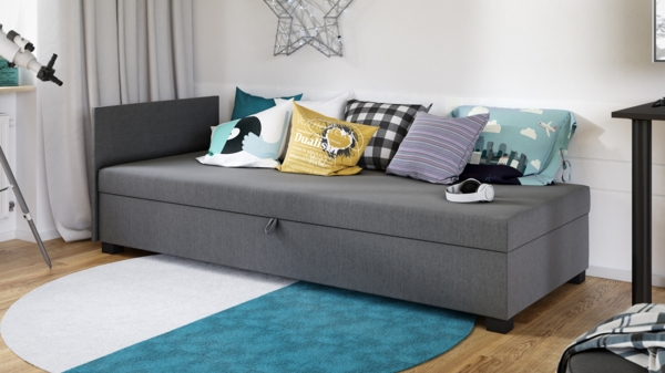 Sofa Misti II - Einzelbett, Schlafsofa mit Bettkasten, Bettsofa, Farbauswahl, Bettgestell, Komfortbett, Bett für Jugendzimmer, Schlafmöbel (Grau (Lux 05))