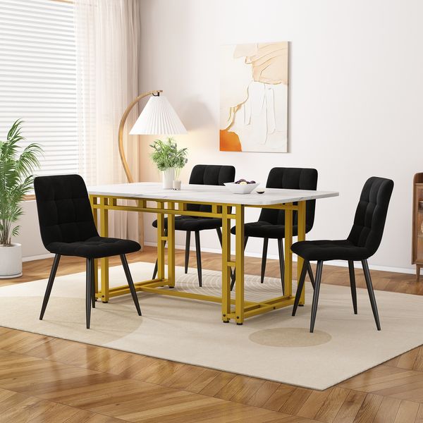 Essgruppe mit 4 Samtstühlen, Tisch 120 cm, MDF & Metallgestell, Schwarz