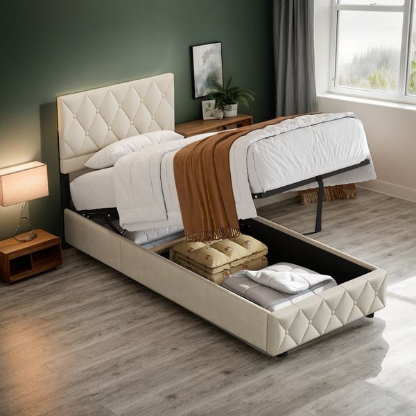 OKWISH Polsterbett Stauraumbett Funktionsbett (Ausgezeichnete Atmungsaktivität, 90 x 200 cm mit Lattenrost Inklusive Matratze), Strapazierfähig und schmutzabweisend,elastische Polsterung