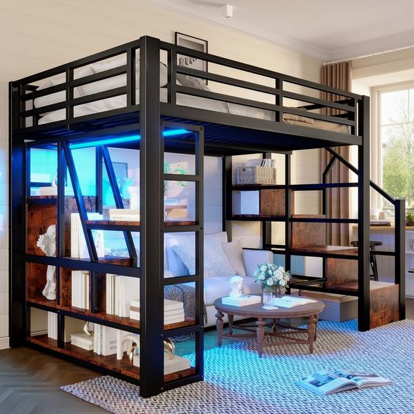 MODFU Kinderbett mit Ablagefach (Jugendbett mit LED-Beleuchtung und offenem Unterbett-Stauraum, Hochbett 140x200 cm), ohne Matratze