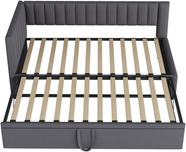 Merax Multifunktionales L-förmiges Schlafsofa mit Ausziehbett 90/180*200cm, Polsterbett in Samtstoff, platzsparendes Design für Kinderbett, Gästebett, dunkelgrau Bild 9
