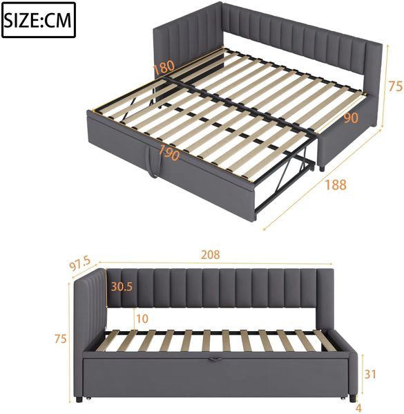 Merax Multifunktionales L-förmiges Schlafsofa mit Ausziehbett 90/180*200cm, Polsterbett in Samtstoff, platzsparendes Design für Kinderbett, Gästebett, dunkelgrau Bild 4
