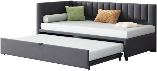 Merax Multifunktionales L-förmiges Schlafsofa mit Ausziehbett 90/180*200cm, Polsterbett in Samtstoff, platzsparendes Design für Kinderbett, Gästebett, dunkelgrau Bild 10