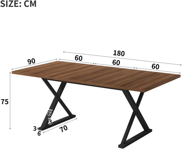 Esstisch, 180 cm lang x 90 cm breit x 75 cm hoch, moderner Stil, robust und langlebig, Metallbeine, bietet Platz für 6-8 Personen, schlichter moderner Stil, Walnussholzfarbe + Schwarz. Bild 6