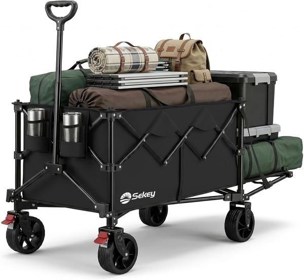 Sekey Bollerwagen faltbar 240L mit ausklappbarer Heckklappe, 150 kg belastbar, ideal für Transport, Garten und Haustiere, Schwarz
