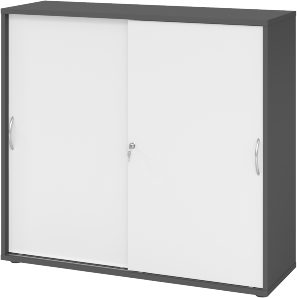 bümö Schiebetürenschrank 3OH - Aktenschrank abschließbar, Sideboard Schrank mit Schiebetüren in Graphit/Weiß, Bogengriff - Büroschrank aus Holz mit Schiebetür, Büro Kommode für Ordner & Co, 1753S-G-W-BM