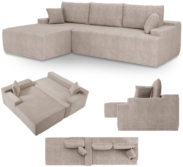Juskys Sofa Coredo - modernes Cord Sofa mit Ottomane links, gemütliche Couch mit Schaumstoffpolsterung, Cordbezug & Kissen, modular - Taupe