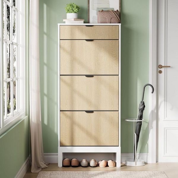 GarveeMore Schuhschrank mit 3 Klappschubladen und 1 Schublade,Schuhkipper,Schuhkommode (freistehendes, schmales Schuhregal, Landhaus-Schuhschrank mit 3 Klappfächern) Schmales Design für Flur